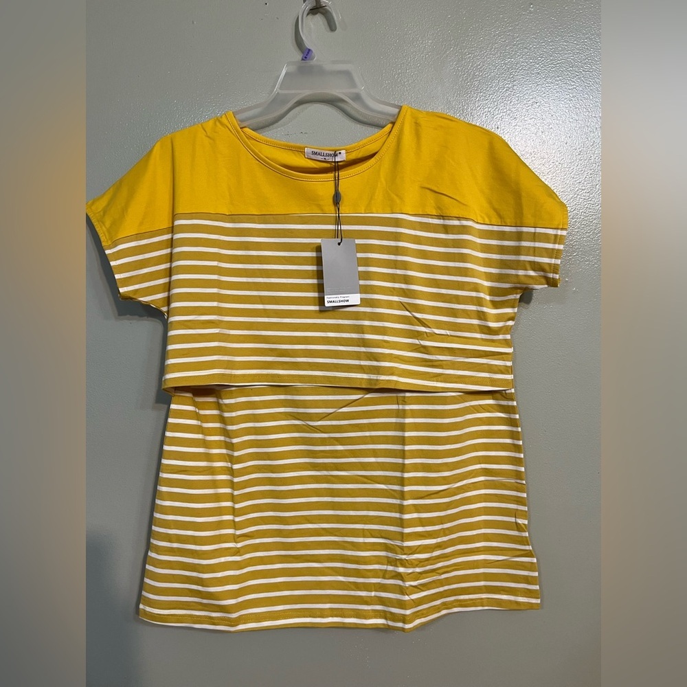 Smallshow Fashionably Pregnant  Yellow Striped Short Sleeve Top XL NWT